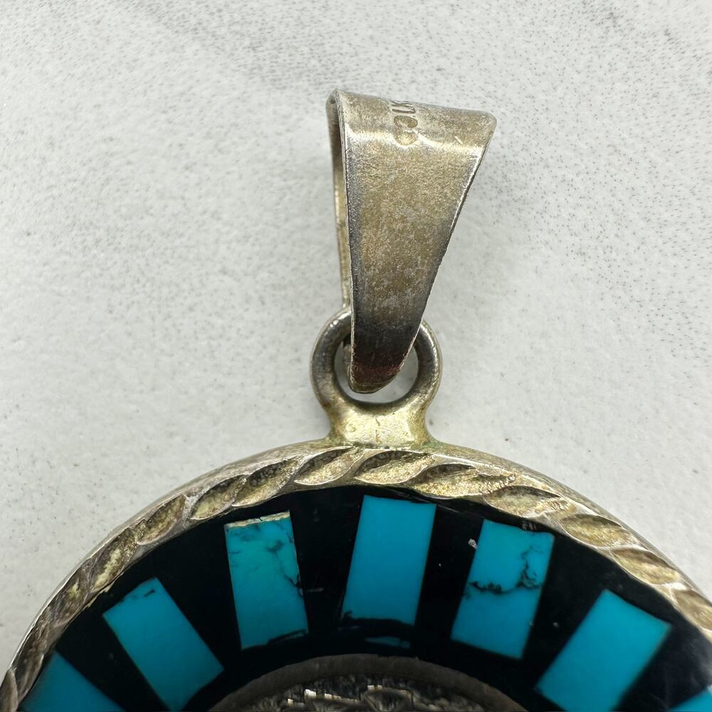 Vintage Mexico Silver Tone Reversible Mayan Calendar Inlay Pendant ✨ - Picture 5 of 13
